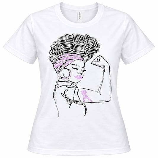 Breast Cancer, Strong Afro Woman - Iron-on Spangle Bling Transfer