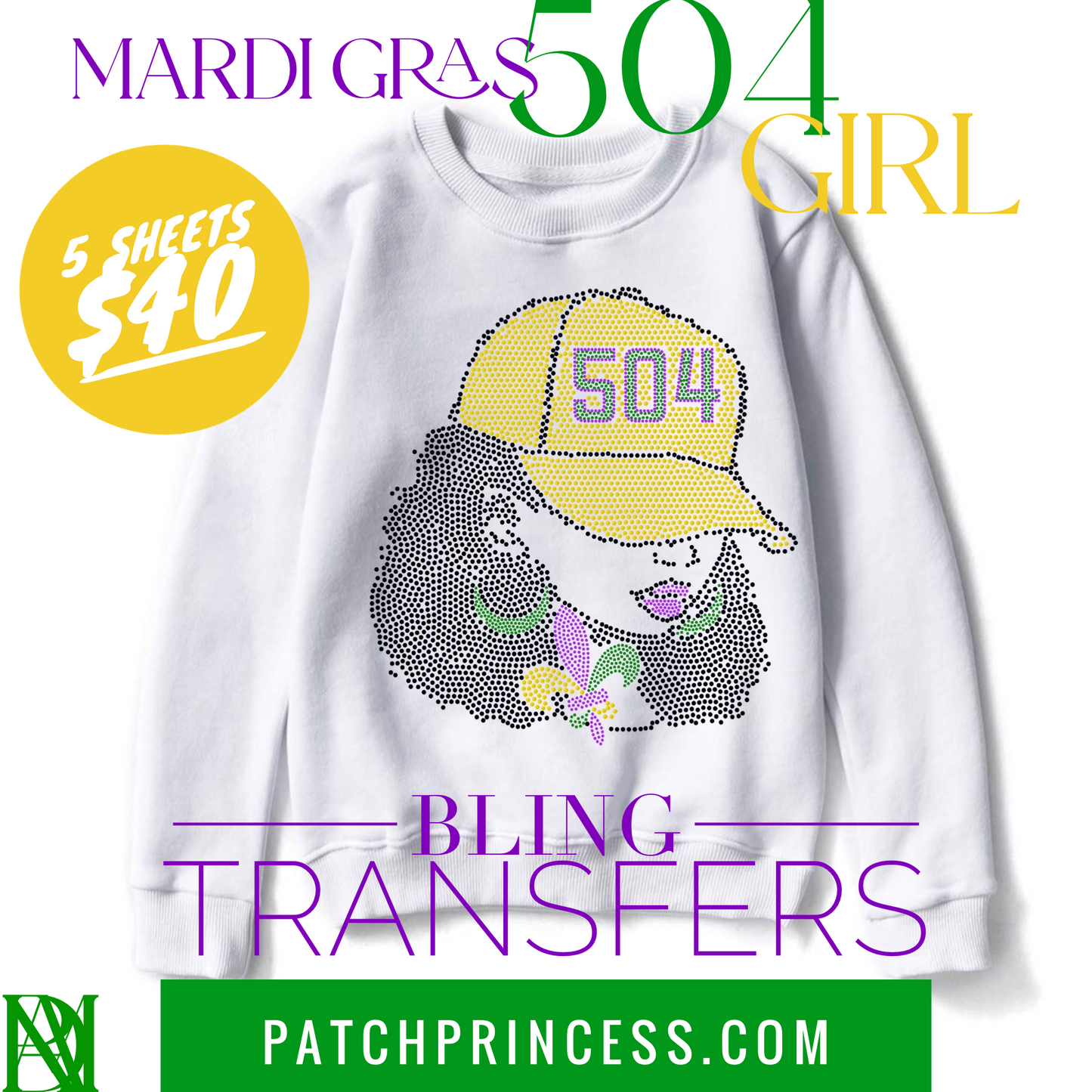 MARDI GRAS 504 GIRL BLING TRANSFERS